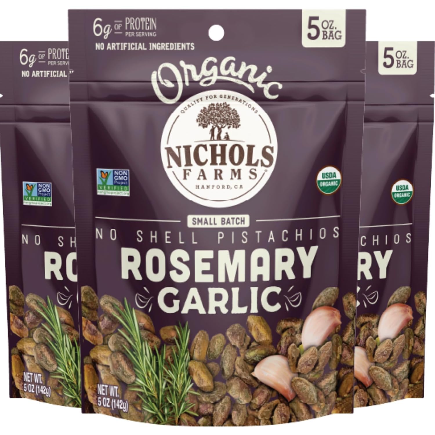 Nichols Farms Organic Rosemary Garlic No Shell Pistachios, Case of 12, 5 Ounce