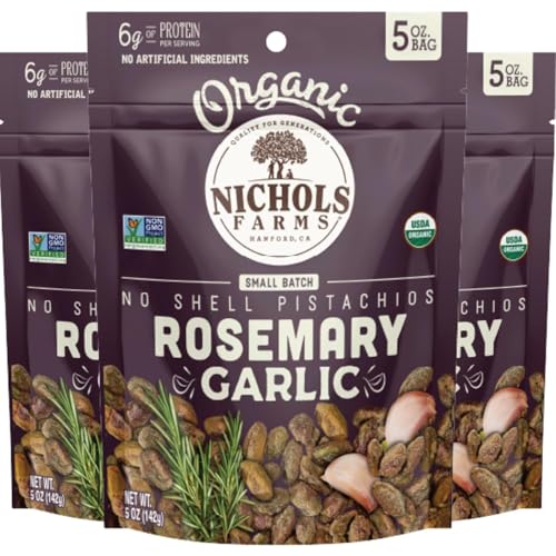 Nichols Farms Organic Rosemary Garlic No Shell Pistachios, Case of 12, 5 Ounce