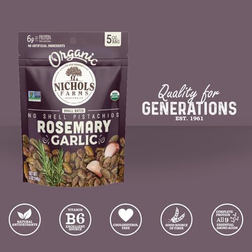 Nichols Farms Organic Rosemary Garlic No Shell Pistachios, Case of 12, 5 Ounce