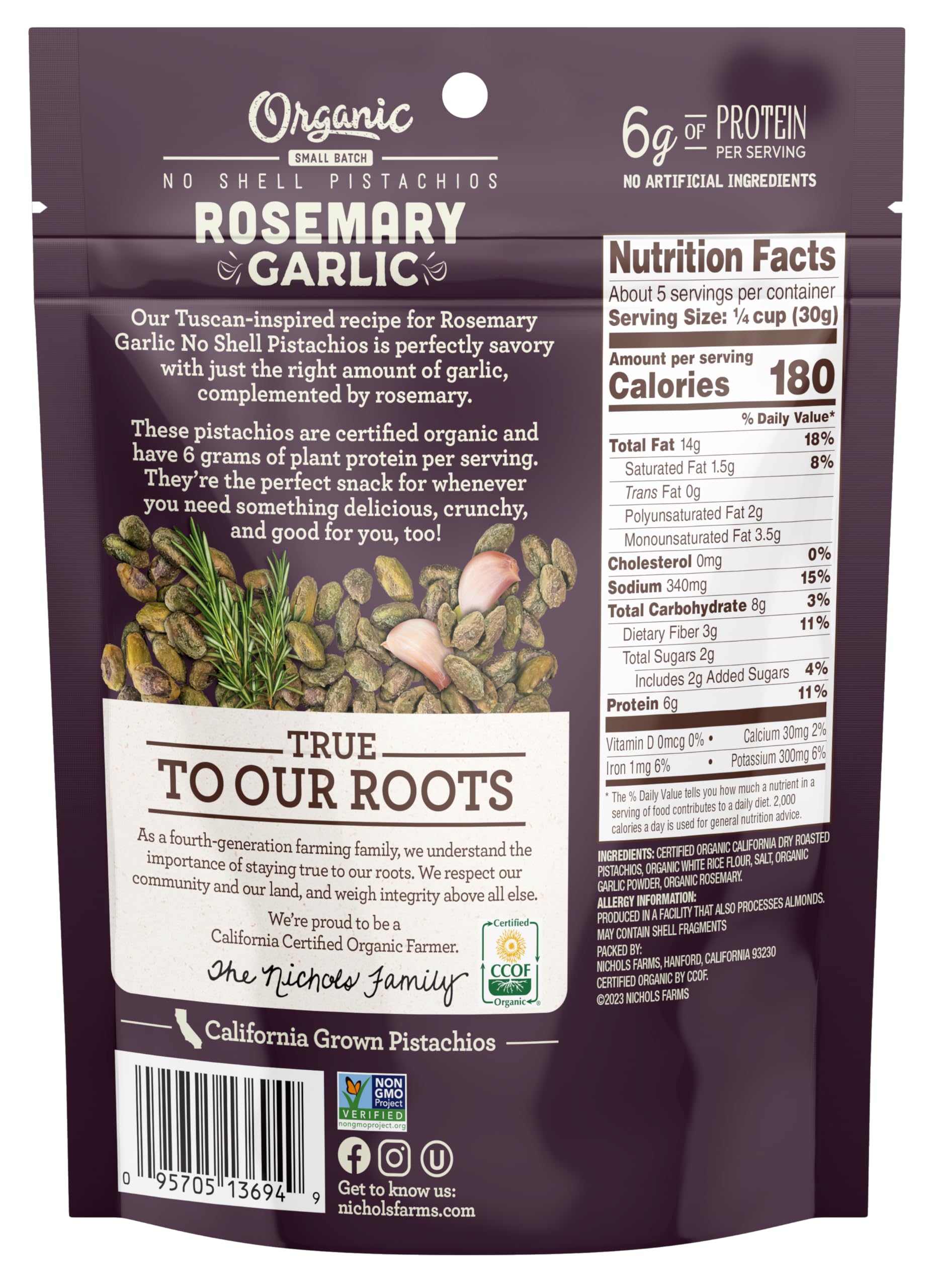 Nichols Farms Organic Rosemary Garlic No Shell Pistachios, Case of 12, 5 Ounce