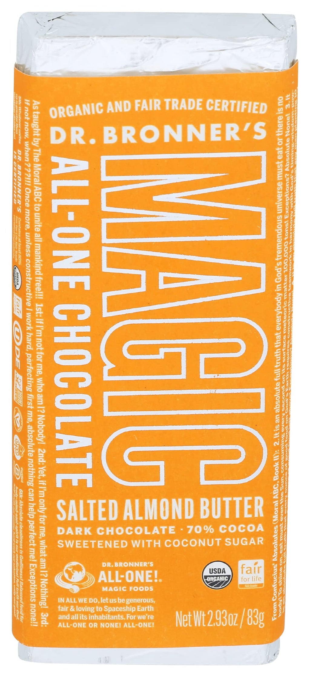 Magic Chocolate Organic Dark Chocolate Almond Butter Bar, Case of 12, 2.93 oz Bars