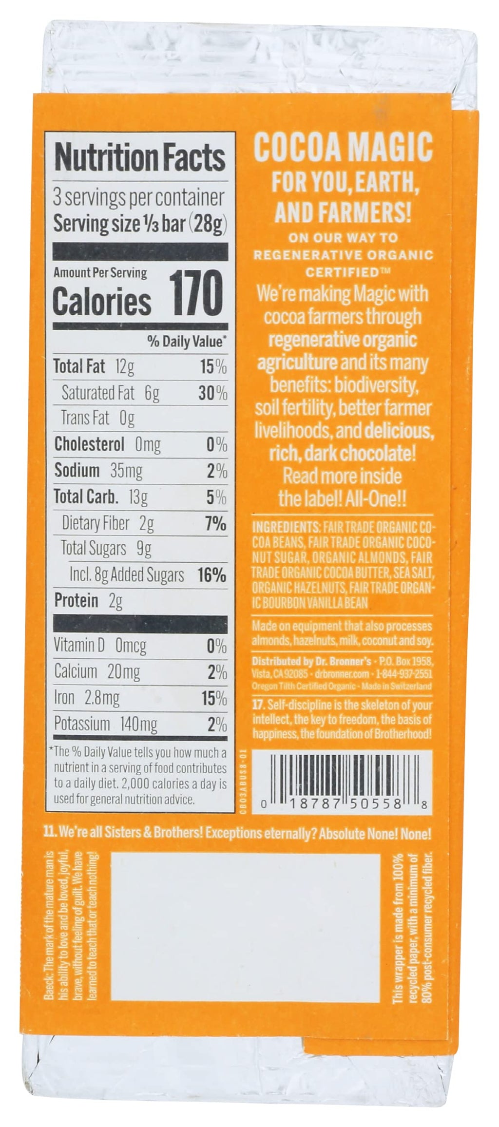 Magic Chocolate Organic Dark Chocolate Almond Butter Bar, Case of 12, 2.93 oz Bars