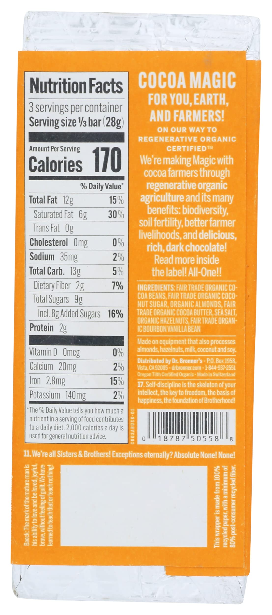Magic Chocolate Organic Dark Chocolate Almond Butter Bar, Case of 12, 2.93 oz Bars