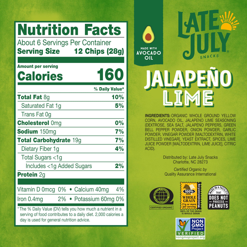 Late July Snacks Organic Jalapeno Lime Tortilla Chips, Case of 12, 6 oz