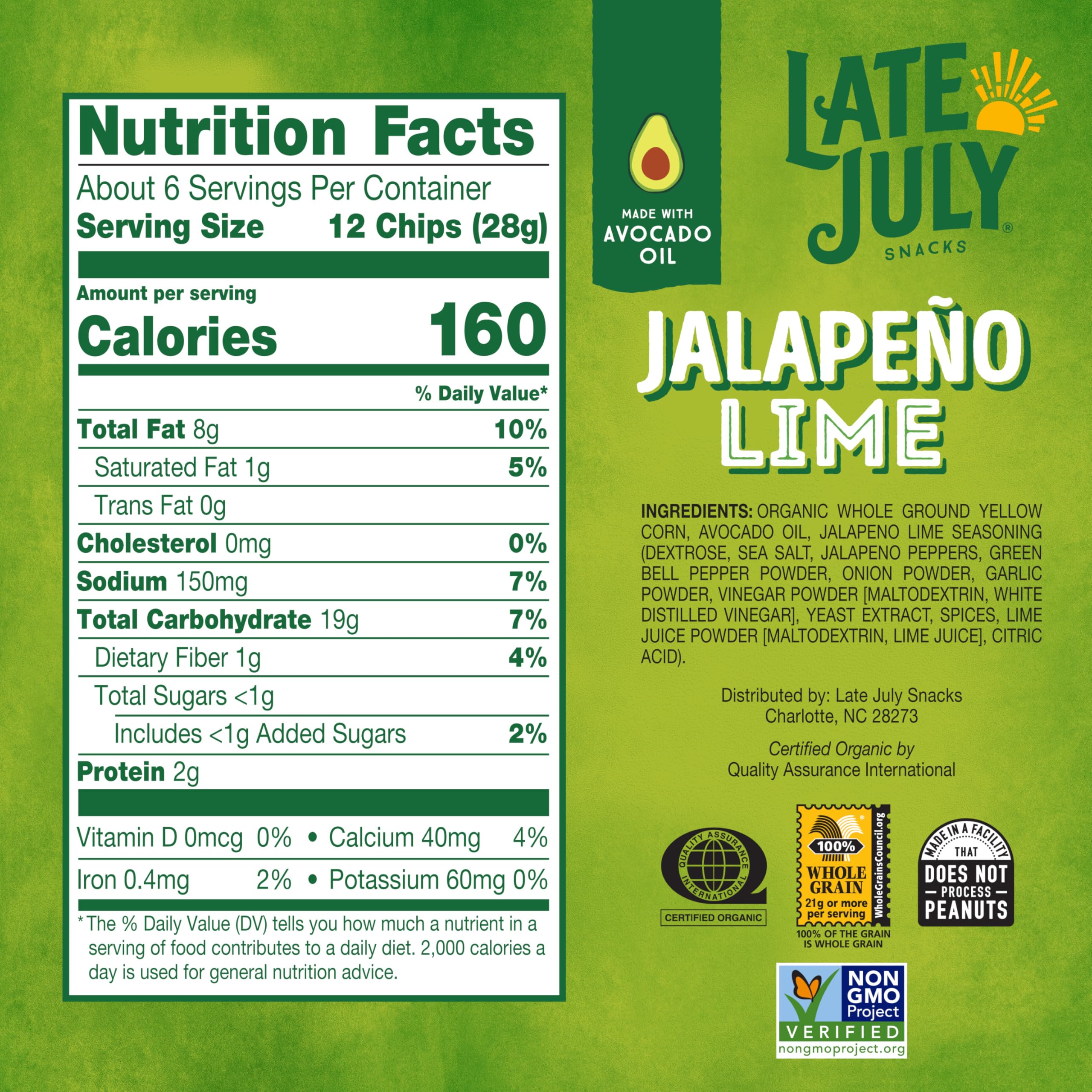 Late July Snacks Organic Jalapeno Lime Tortilla Chips, Case of 12, 6 oz
