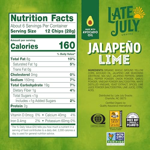 Late July Snacks Organic Jalapeno Lime Tortilla Chips, Case of 12, 6 oz