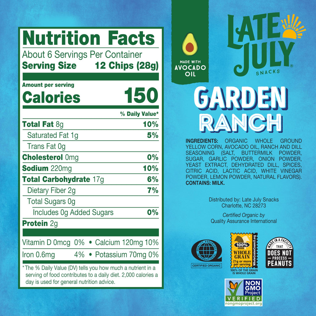 Late July Snacks Organic Garden Ranch Tortilla Chips, Case of 12, 6 oz