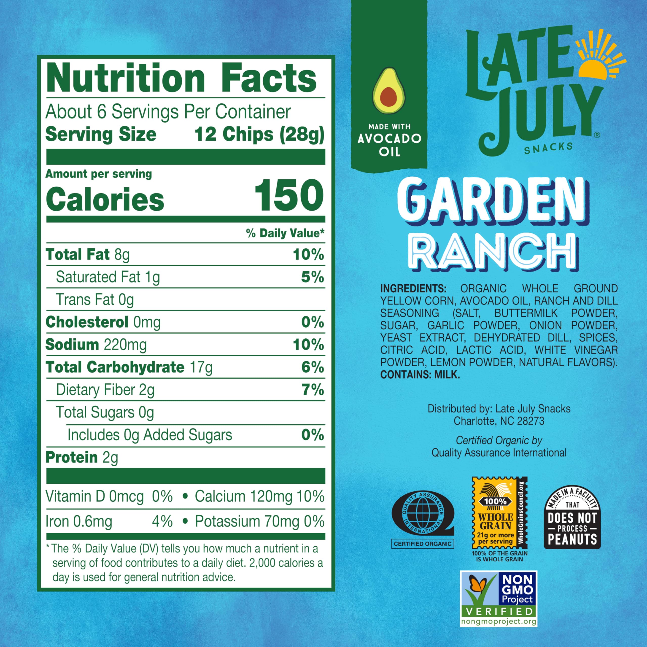 Late July Snacks Organic Garden Ranch Tortilla Chips, Case of 12, 6 oz