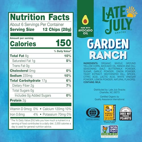Late July Snacks Organic Garden Ranch Tortilla Chips, Case of 12, 6 oz