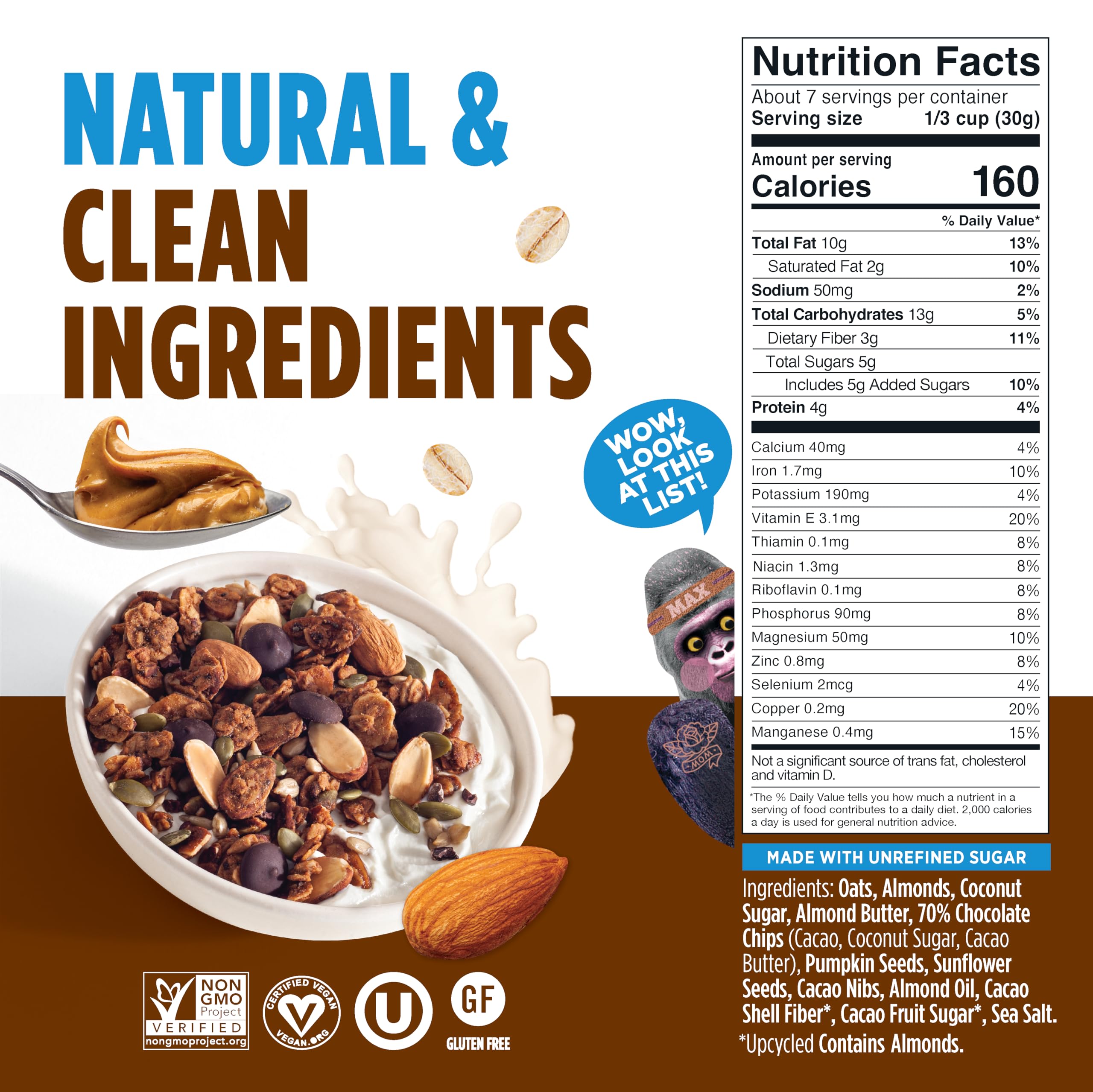 Blue Stripe Almond Butter Whole Cacao Granola, Case of 6, 7 oz