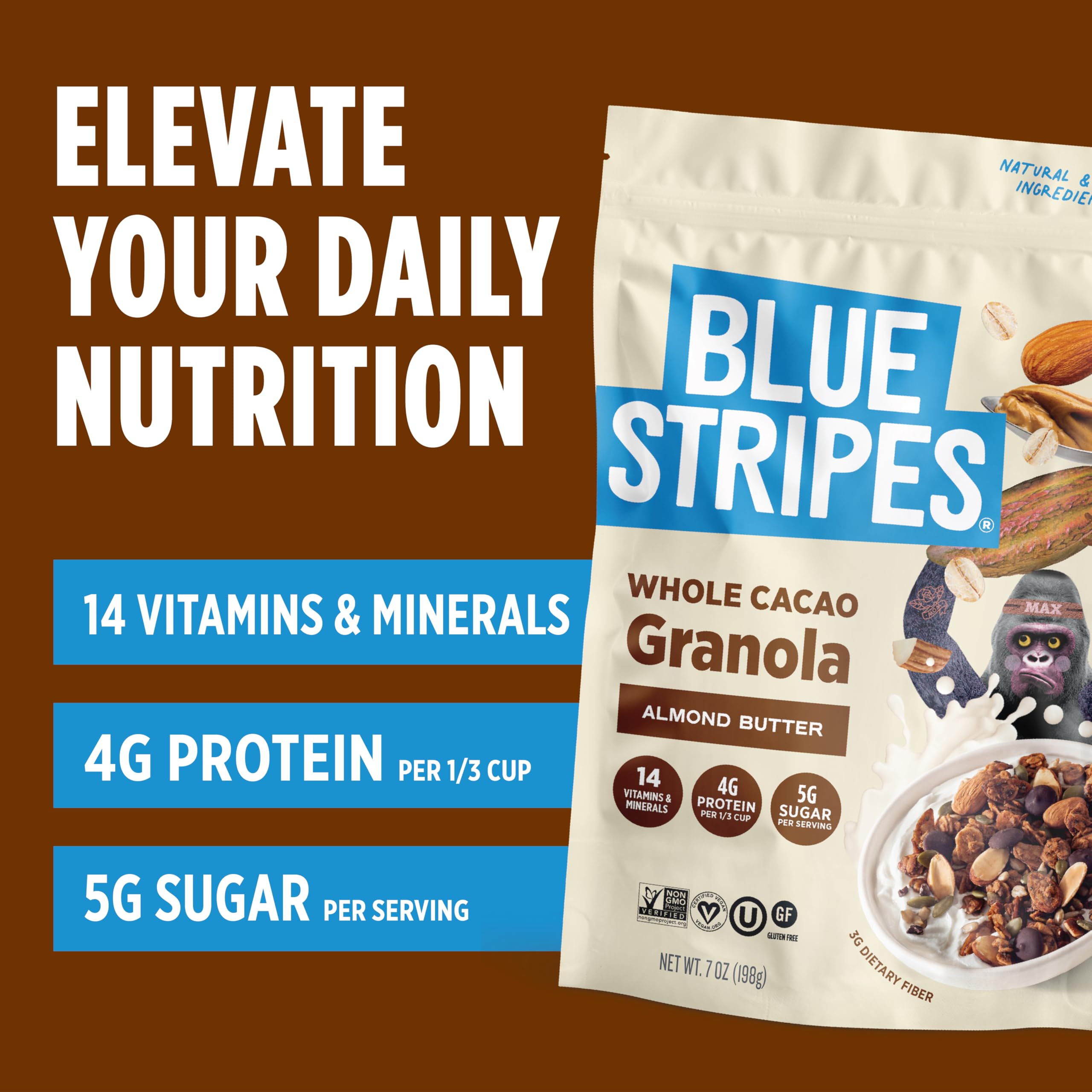 Blue Stripe Almond Butter Whole Cacao Granola, Case of 6, 7 oz