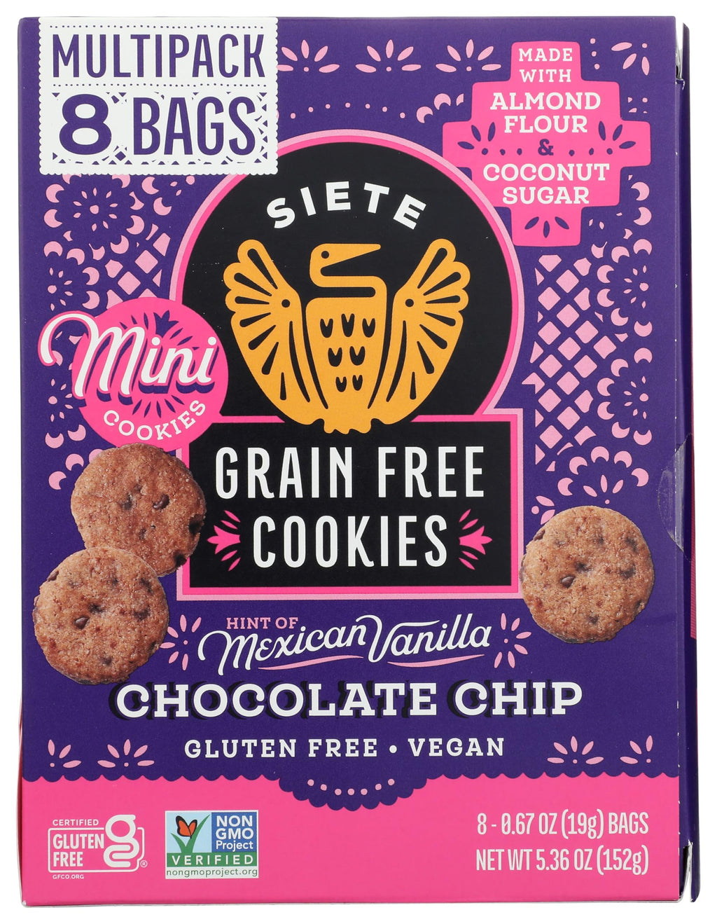 Siete Mini Chocolate Chip Cookies Multipack, Case of 4, 8 Count, 0.67 oz Packs