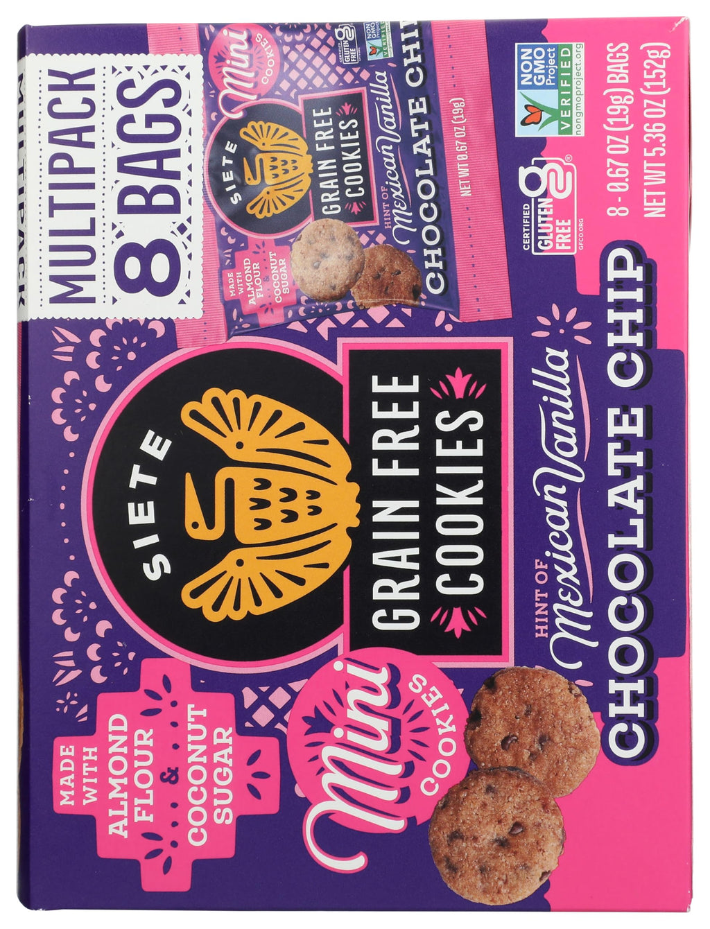 Siete Mini Chocolate Chip Cookies Multipack, Case of 4, 8 Count, 0.67 oz Packs