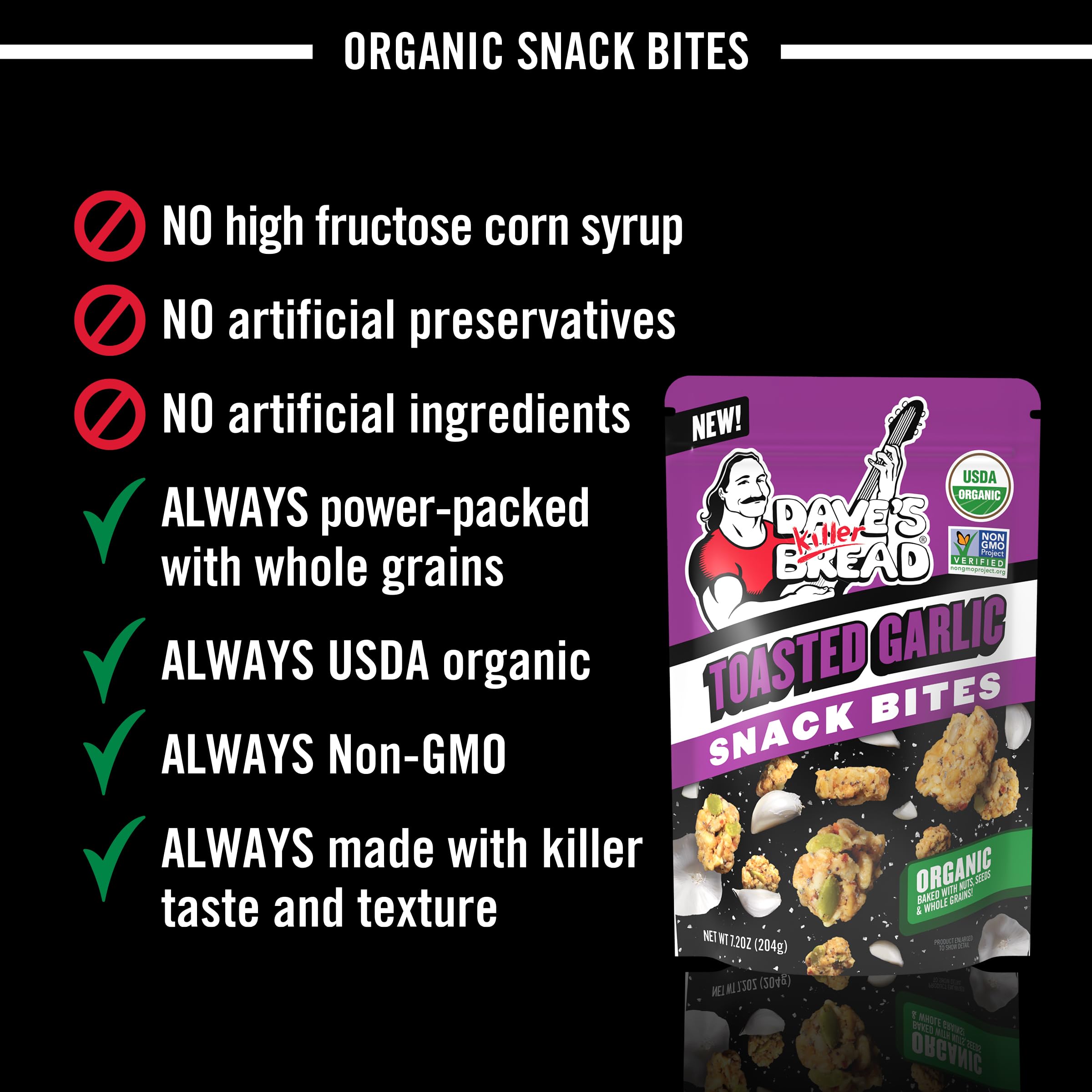 Dave's Killer Bread Organic Toasted Garlic Snack Bites, Case of 6, 7.2 oz