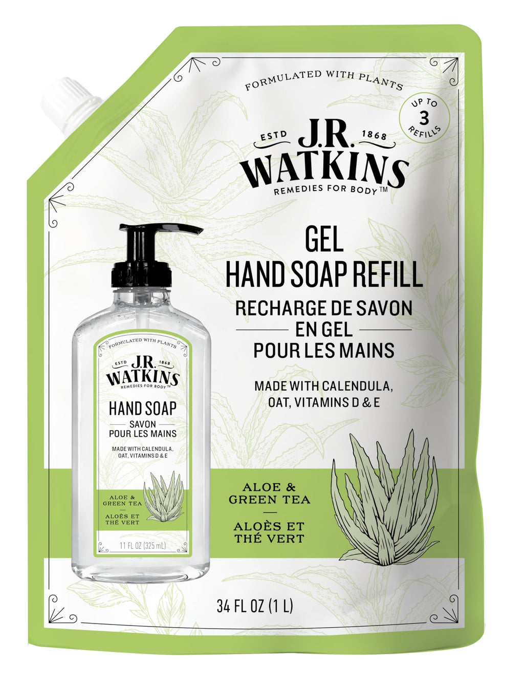 J.R. Watkins Aloe and Green Tea Gel Hand Soap Refill, Case of 2, 34 Fluid Ounce