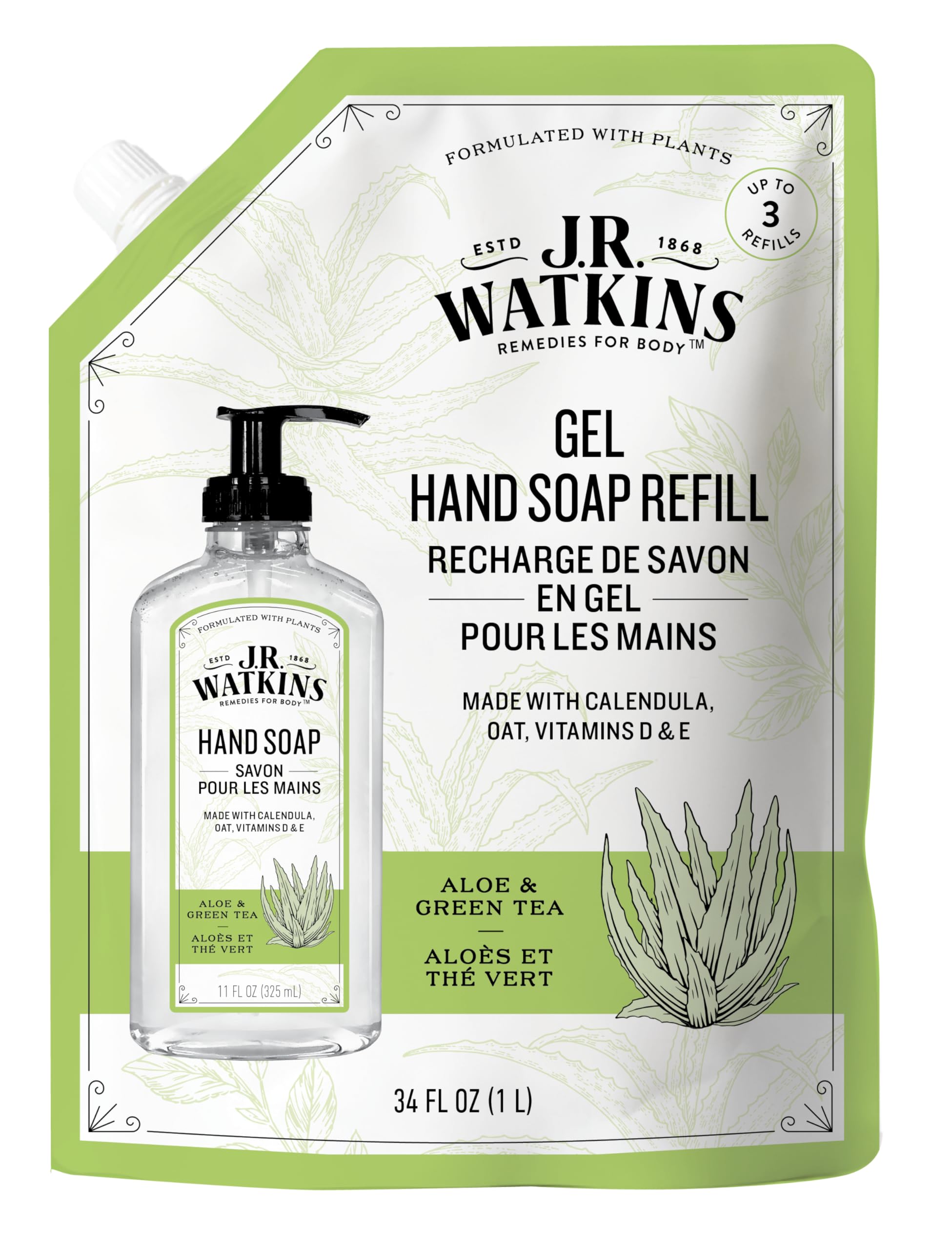 J.R. Watkins Aloe and Green Tea Gel Hand Soap Refill, Case of 2, 34 Fluid Ounce