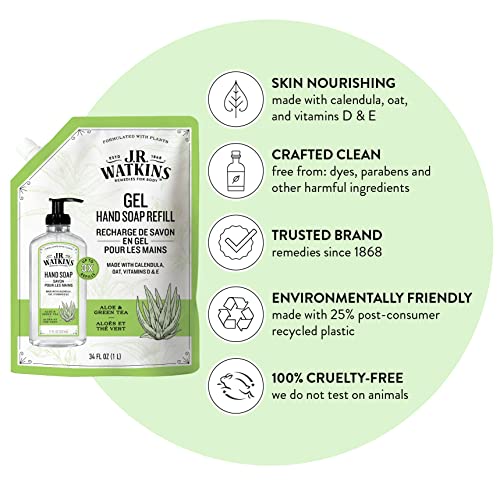 J.R. Watkins Aloe and Green Tea Gel Hand Soap Refill, Case of 2, 34 Fluid Ounce