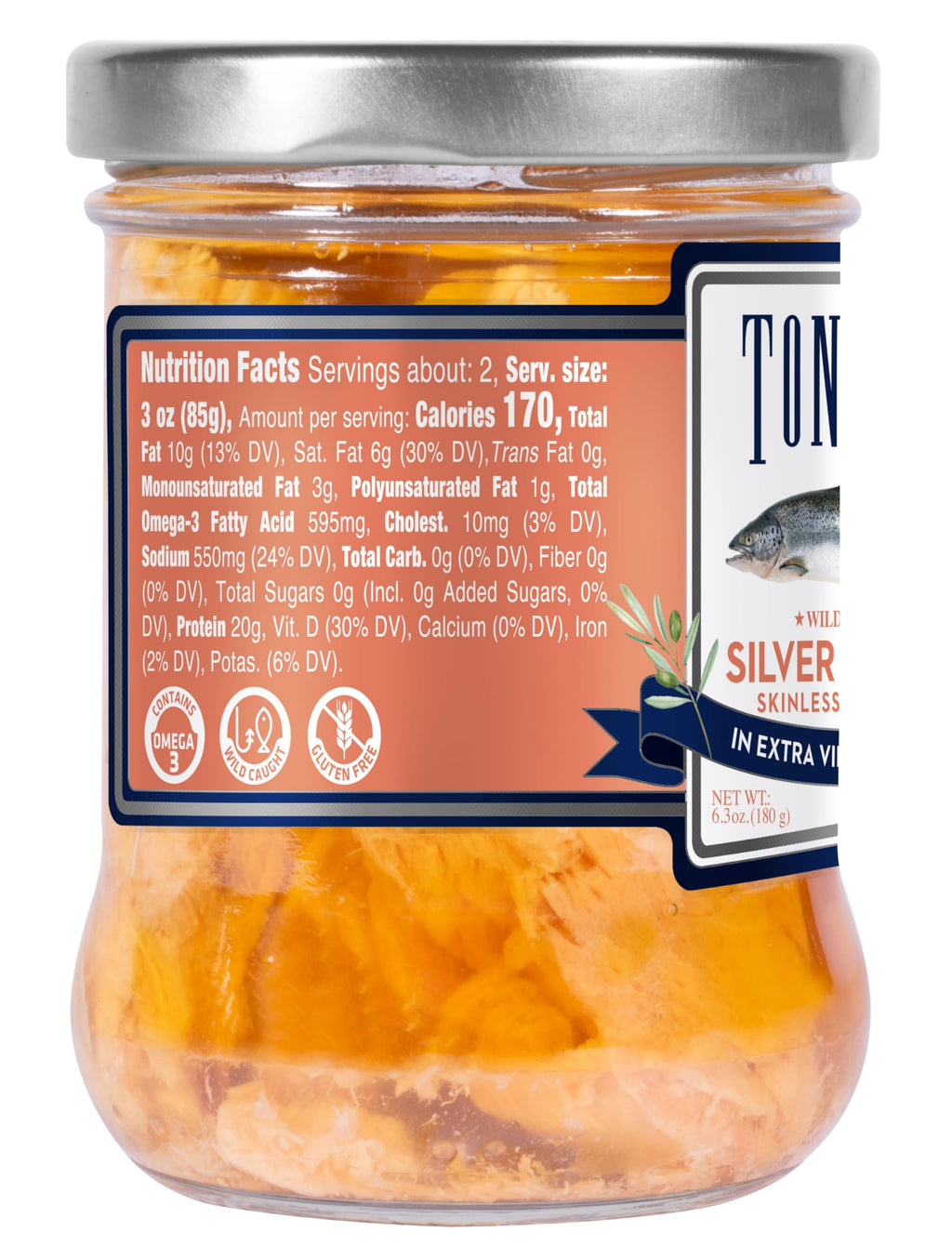 Tonnino Silver Salmon Fillet in Extra Virgin Olive Oil, Case of 6, 6.3 oz