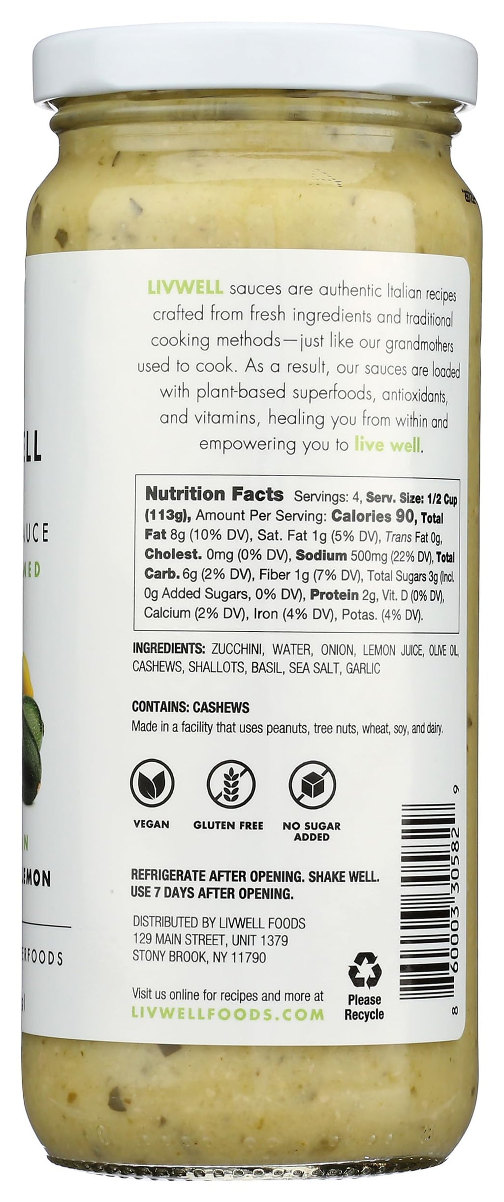 Livwell Zucchini Lemon Pasta Sauce, Case of 6, 16 Fluid Ounce Jars