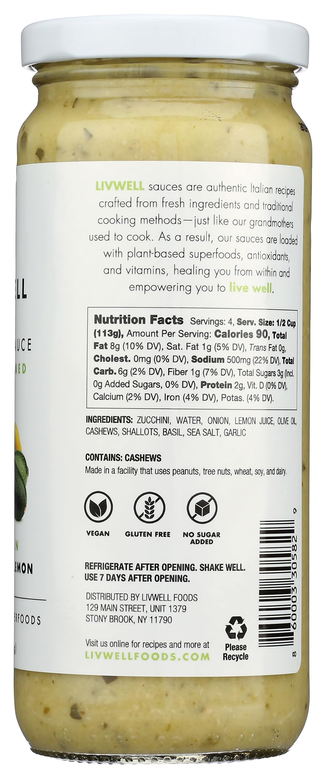 Livwell Zucchini Lemon Pasta Sauce, Case of 6, 16 Fluid Ounce Jars