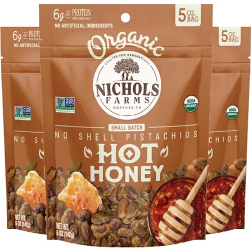 Nichols Farms Organic Hot Honey No Shell Pistachios, Case of 12, 5 Ounce