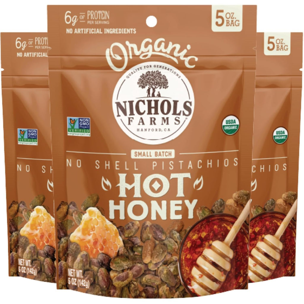 Nichols Farms Organic Hot Honey No Shell Pistachios, Case of 12, 5 Ounce