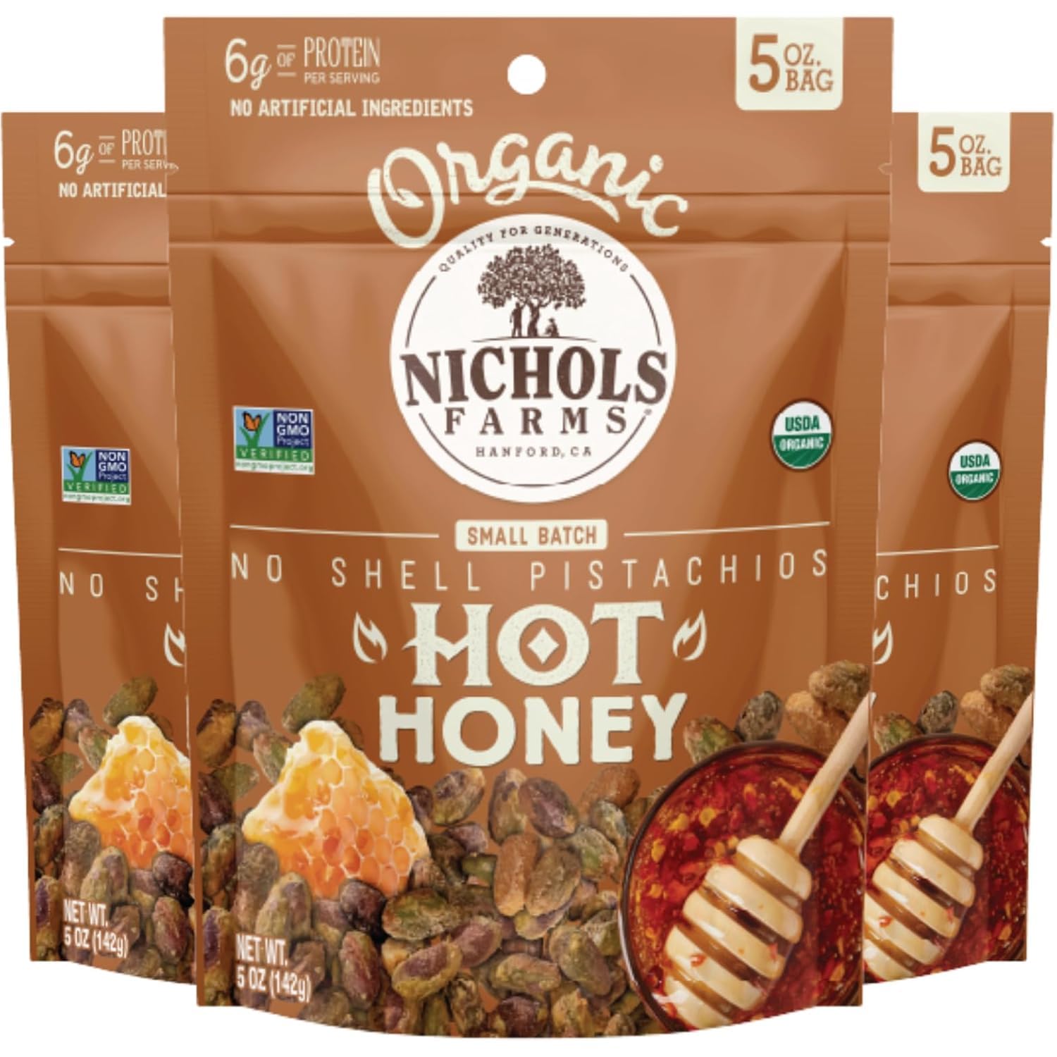 Nichols Farms Organic Hot Honey No Shell Pistachios, Case of 12, 5 Ounce