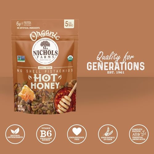 Nichols Farms Organic Hot Honey No Shell Pistachios, Case of 12, 5 Ounce