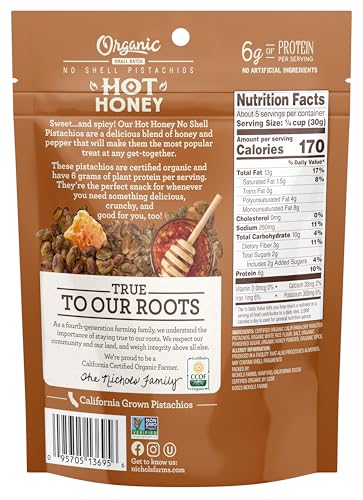 Nichols Farms Organic Hot Honey No Shell Pistachios, Case of 12, 5 Ounce