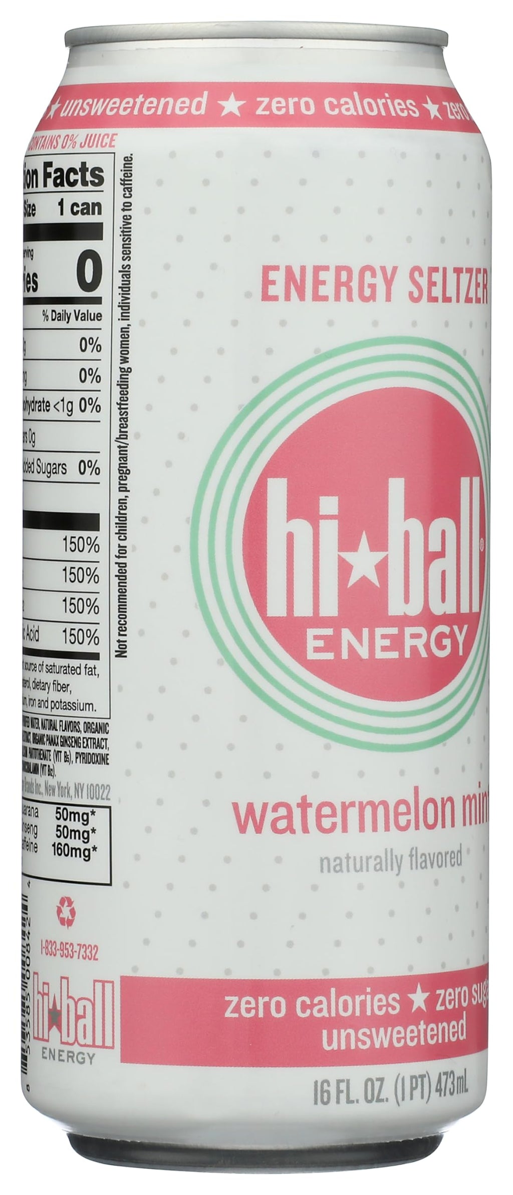 Hiball Watermelon Mint Sparkling Water Energy Drink, Case of 12, 16 Fl Oz