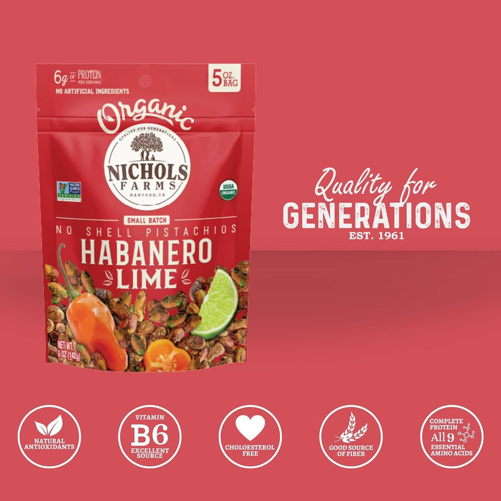 Nichols Farms Organic No Shell Lemon Habanero Pistachios, Case Of 12, 5 Oz