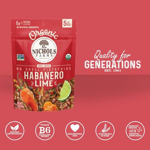 Nichols Farms Organic No Shell Lemon Habanero Pistachios, Case Of 12, 5 Oz