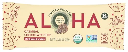 ALOHA Organic Oatmeal Chocolate Chip Plant Based Protein Bars, Case of 12, 1.98 oz Bars