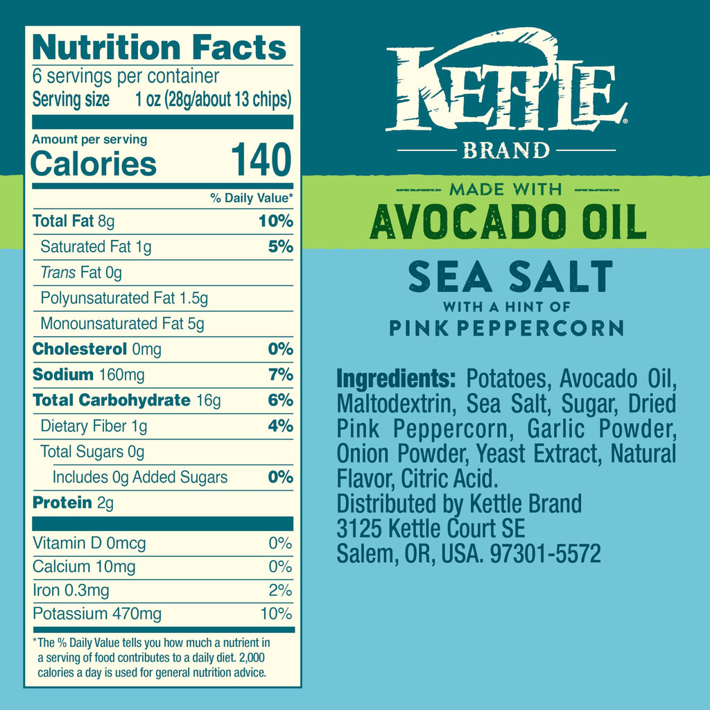Kettle Brand Sea Salt Avocado Oil Chips, Case of 12, 6 oz