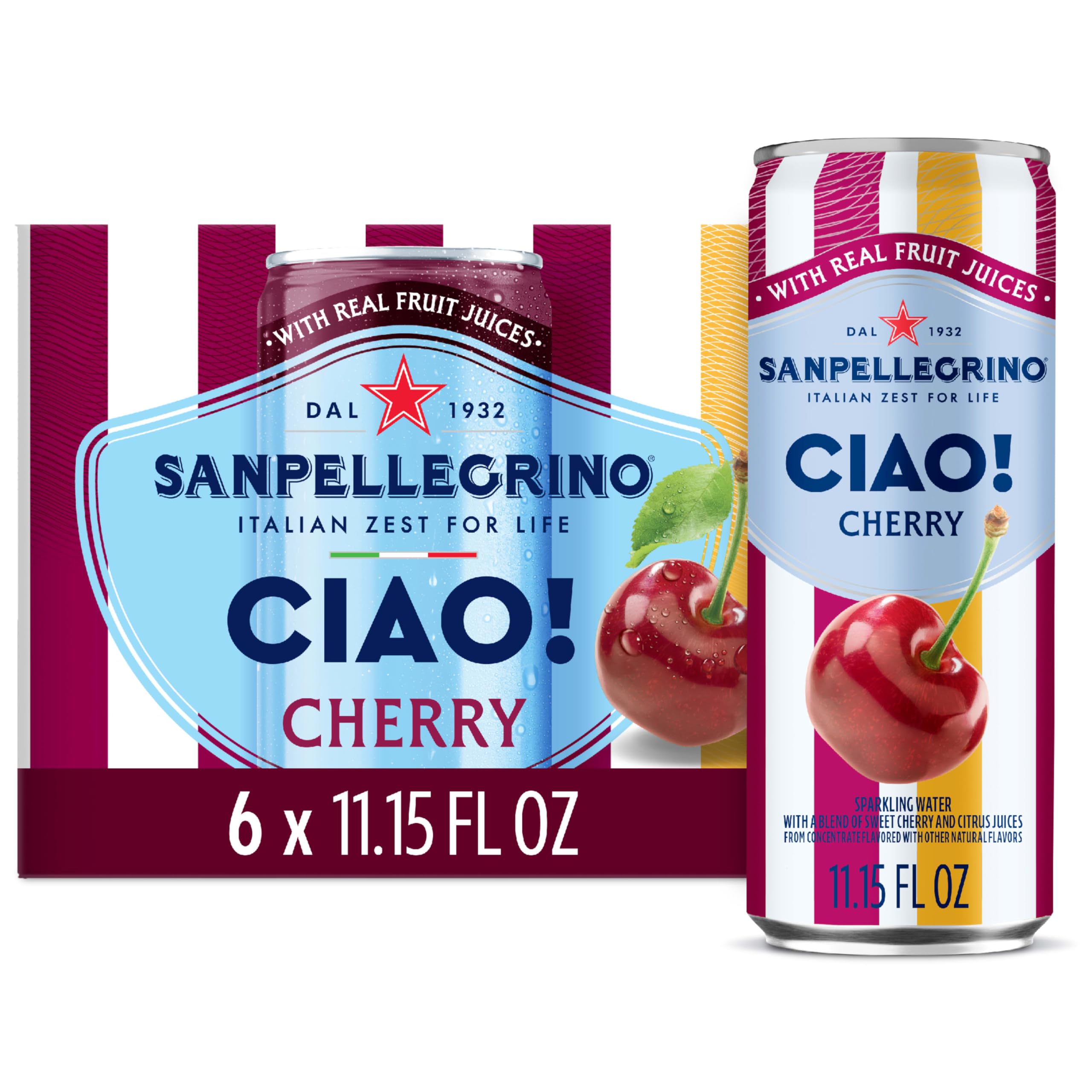 Sanpellegrino CIAO Cherry Sparkling Flavored Water with Real Fruit Juices, Case of 4, 6 Pack, 11.15 fl oz Cans