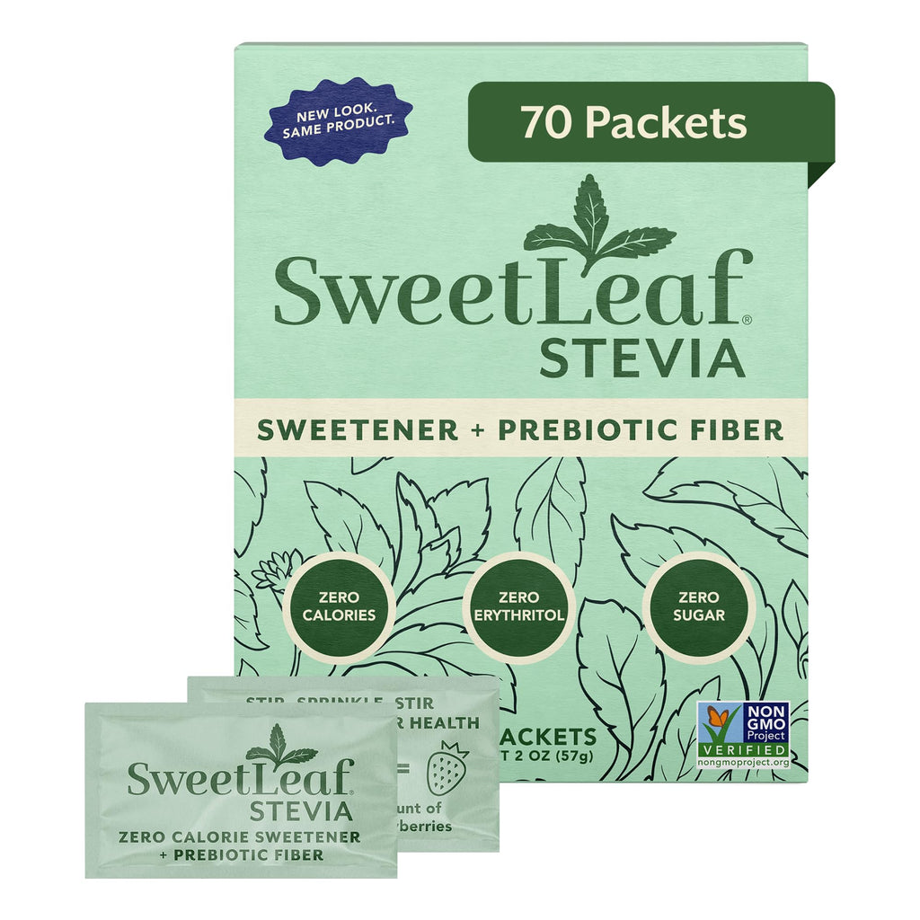 SweetLeaf Stevia Sweetener Packets with Prebiotic Fiber, Case of 6, 70 Count Boxes