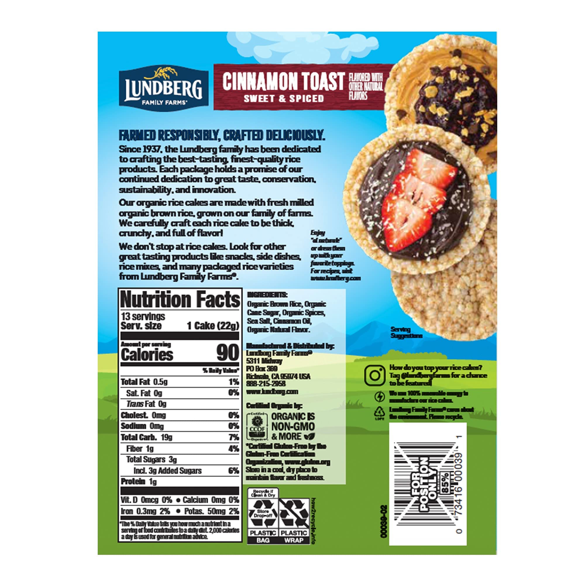 Lundberg Family Farms Organic Cinnamon Toast Rice Cakes, Case Of 6, 8.9 Oz