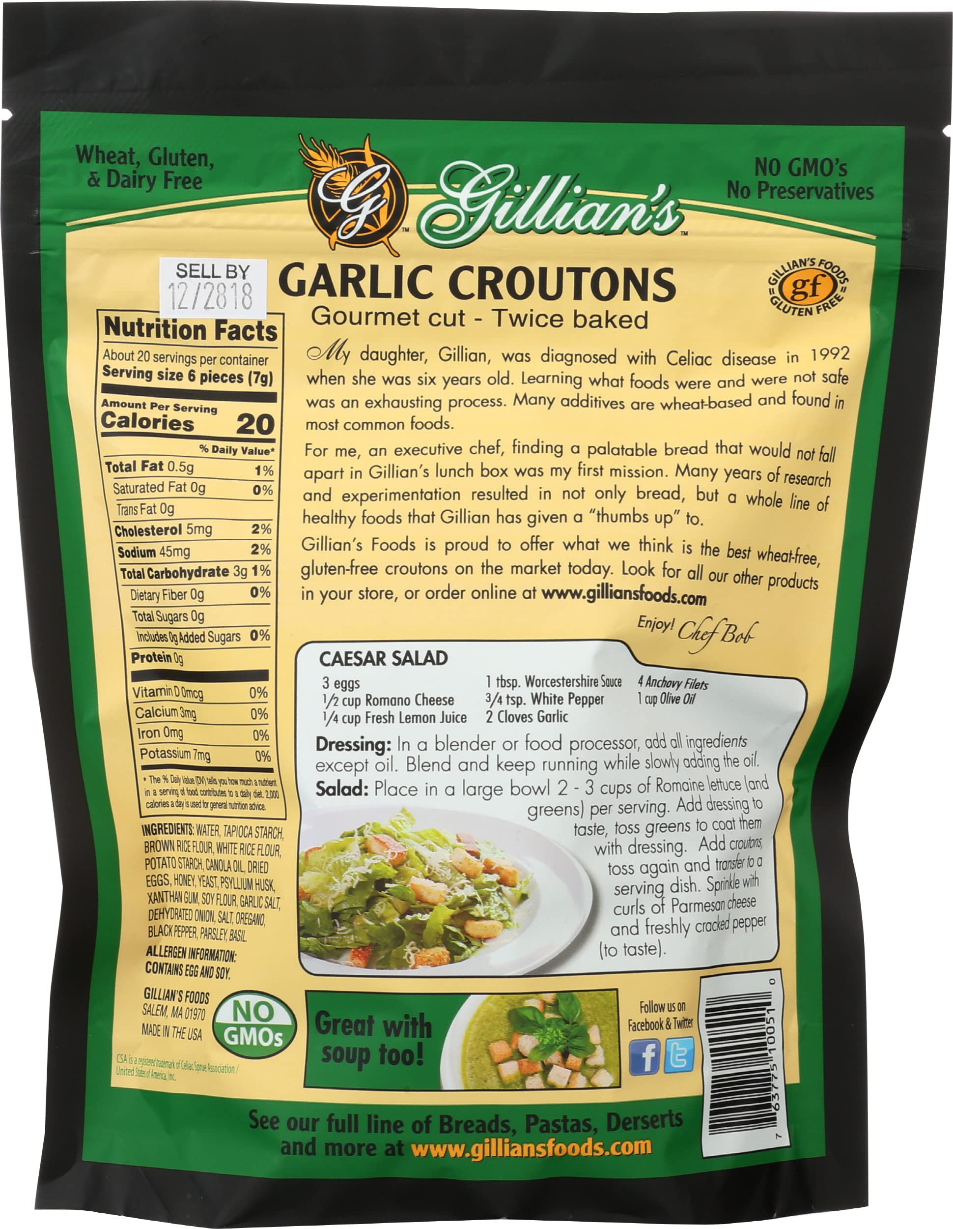 Gillian's Gourmet Cut Garlic Croutons, Case of 6, 5 Oz Bags