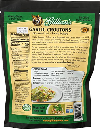 Gillian's Gourmet Cut Garlic Croutons, Case of 6, 5 Oz Bags
