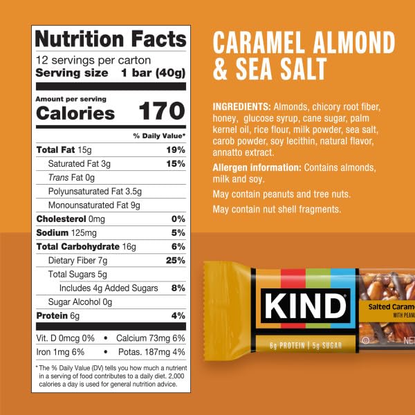 KIND Caramel Almond And Sea Salt Snack Bars, Case of 6, 6 Count 1.4 Ounce Boxes