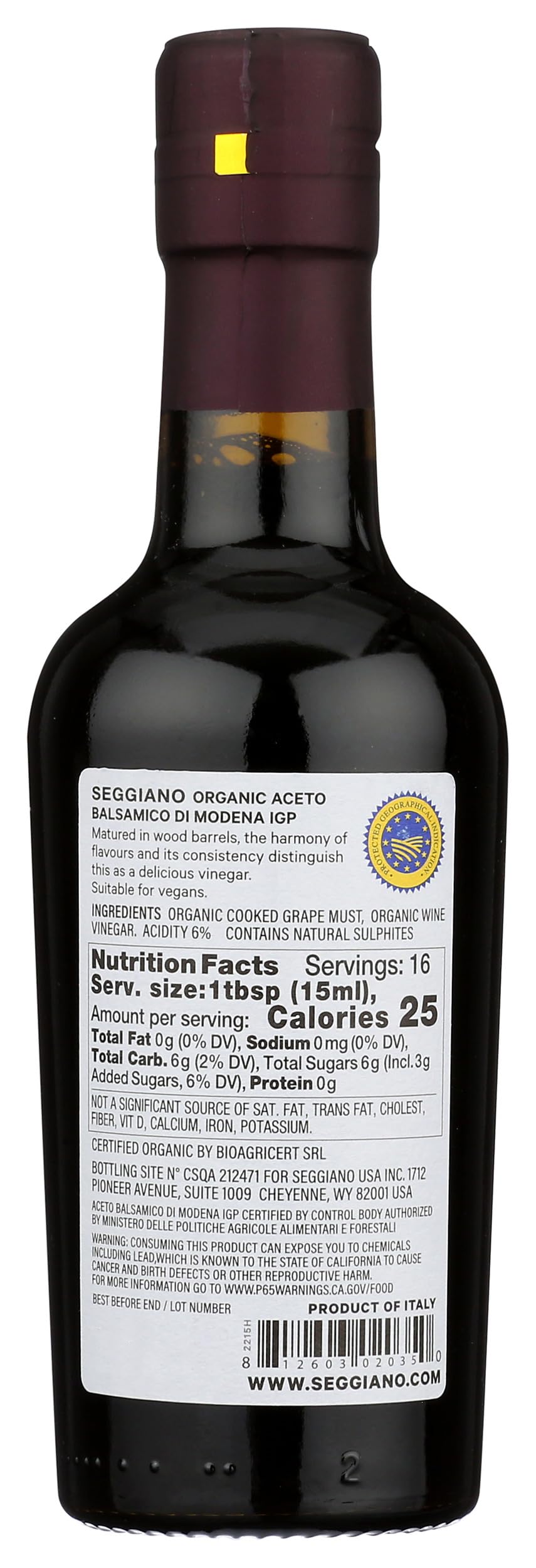 Seggiano Organic Balsamic Vinegar, Case of 6, 8.4 Fluid Ounce Bottles