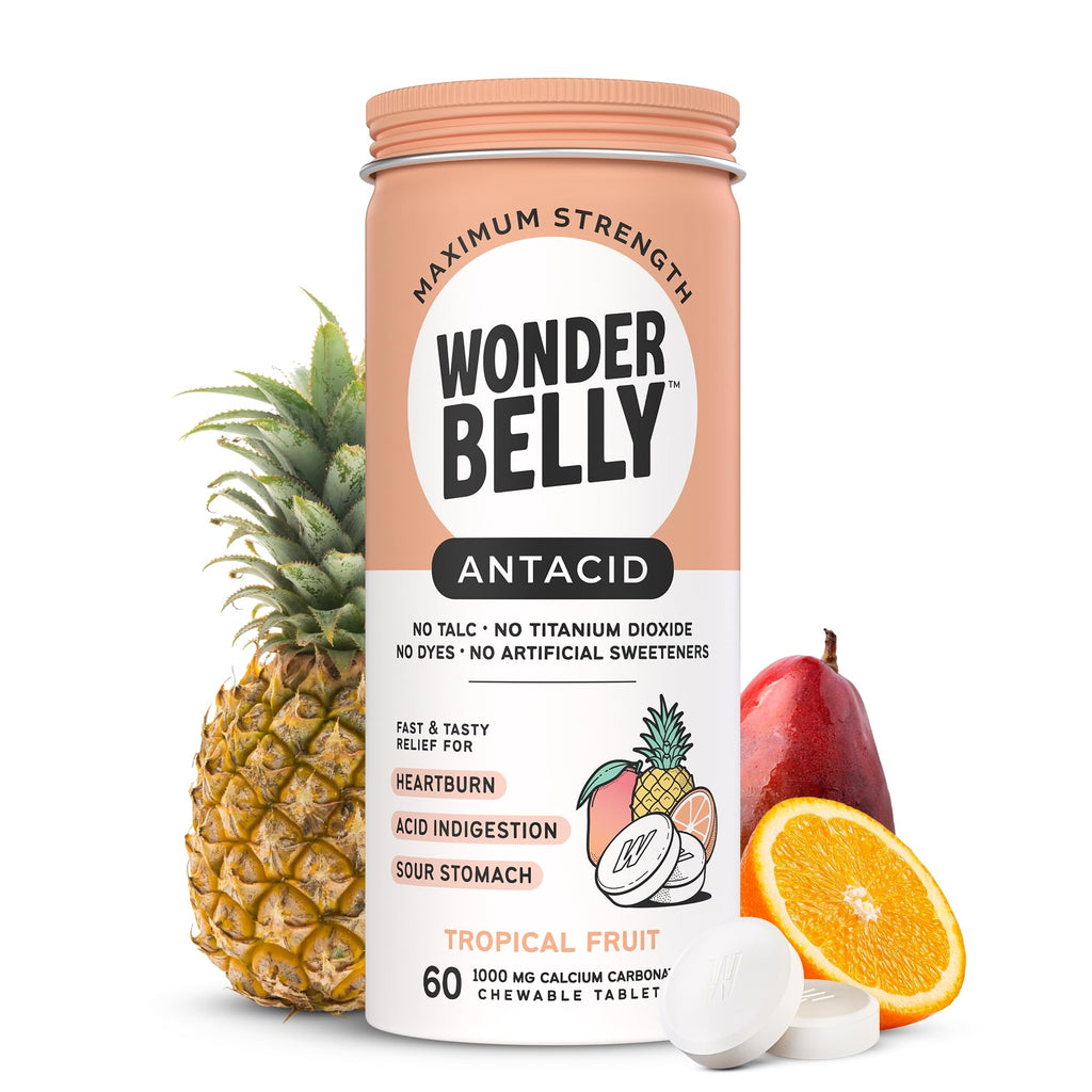 Wonderbelly Tropical Fruit Antacid Chewable Tablets, 60 Count