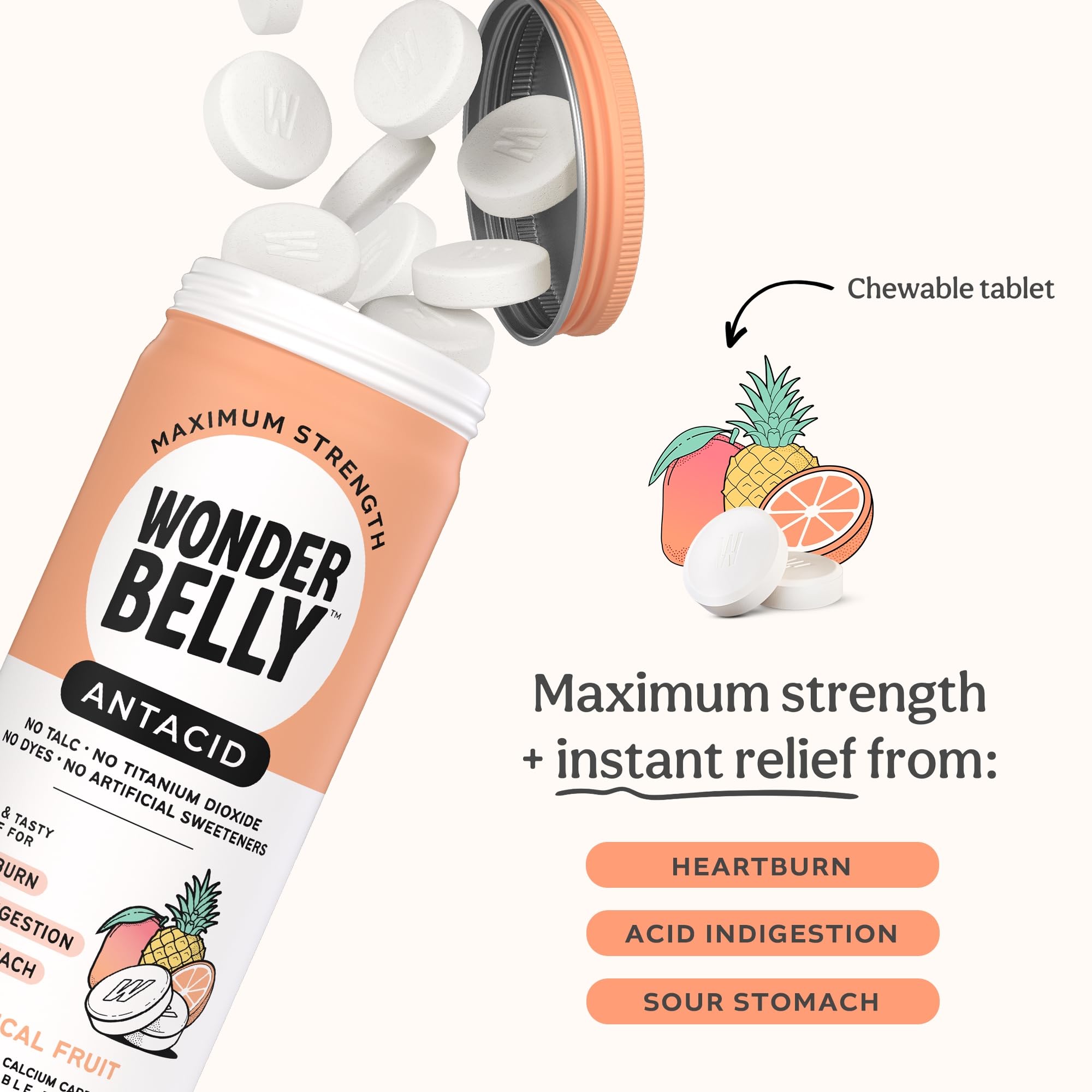 Wonderbelly Tropical Fruit Antacid Chewable Tablets, 60 Count