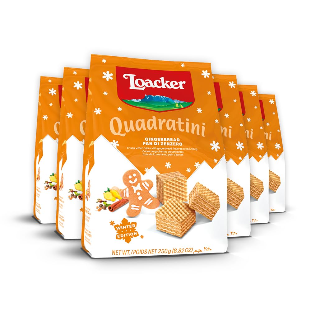 Loacker Quadratini Gingerbread Bite-Size Wafer Cookies, Case of 6, 8.82 Ounce Bags