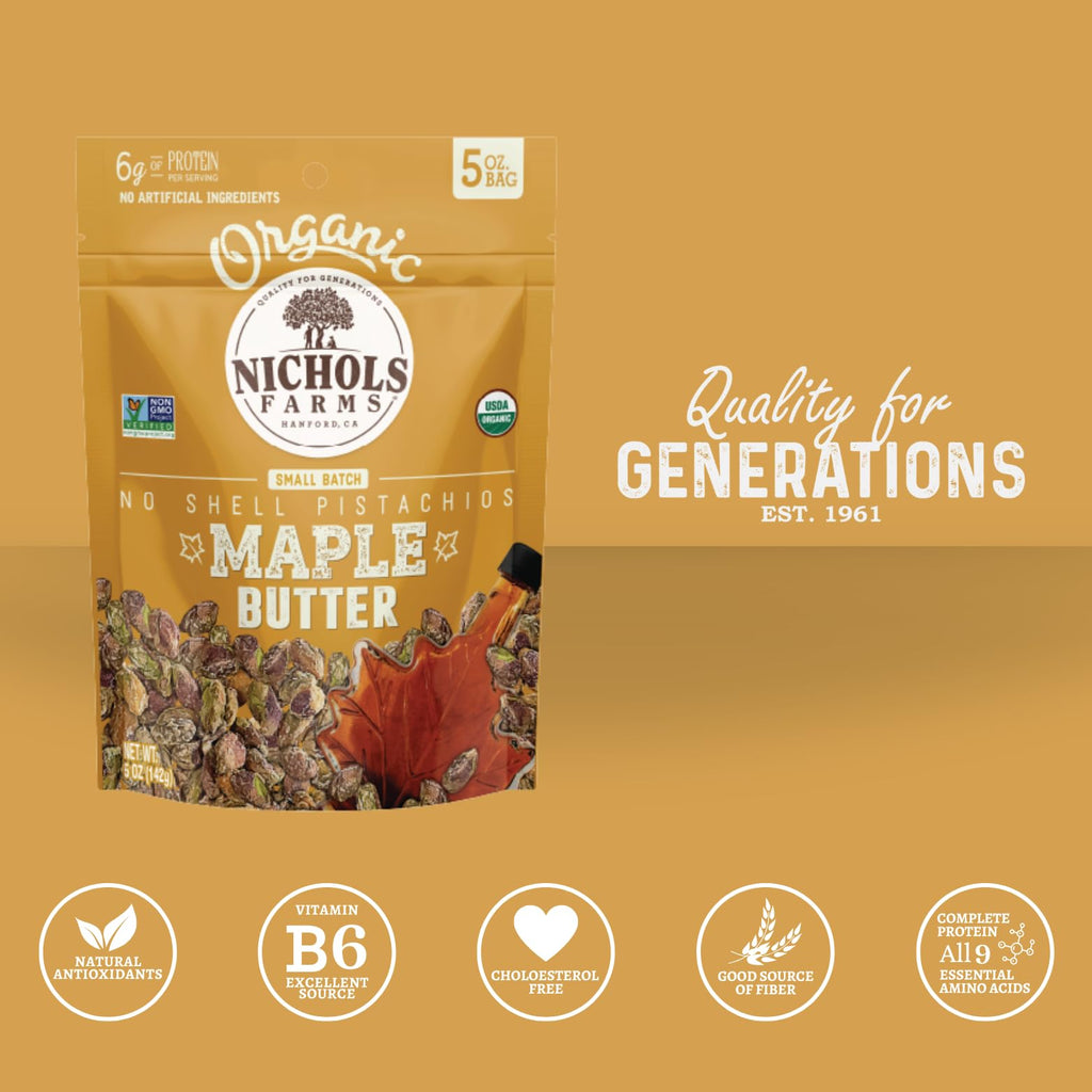 Nichols Farms Organic Maple Butter Pistachios, No Shells, Case of 12, 5 oz