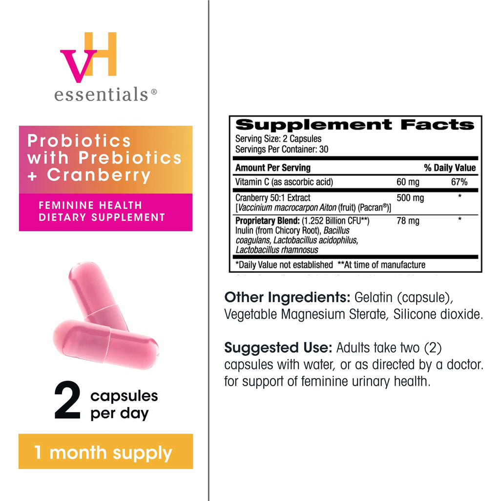vH Essentials Probiotics with Prebiotics and Cranberry Feminine Health Supplement, Case of 4, 60 Count Bottles
