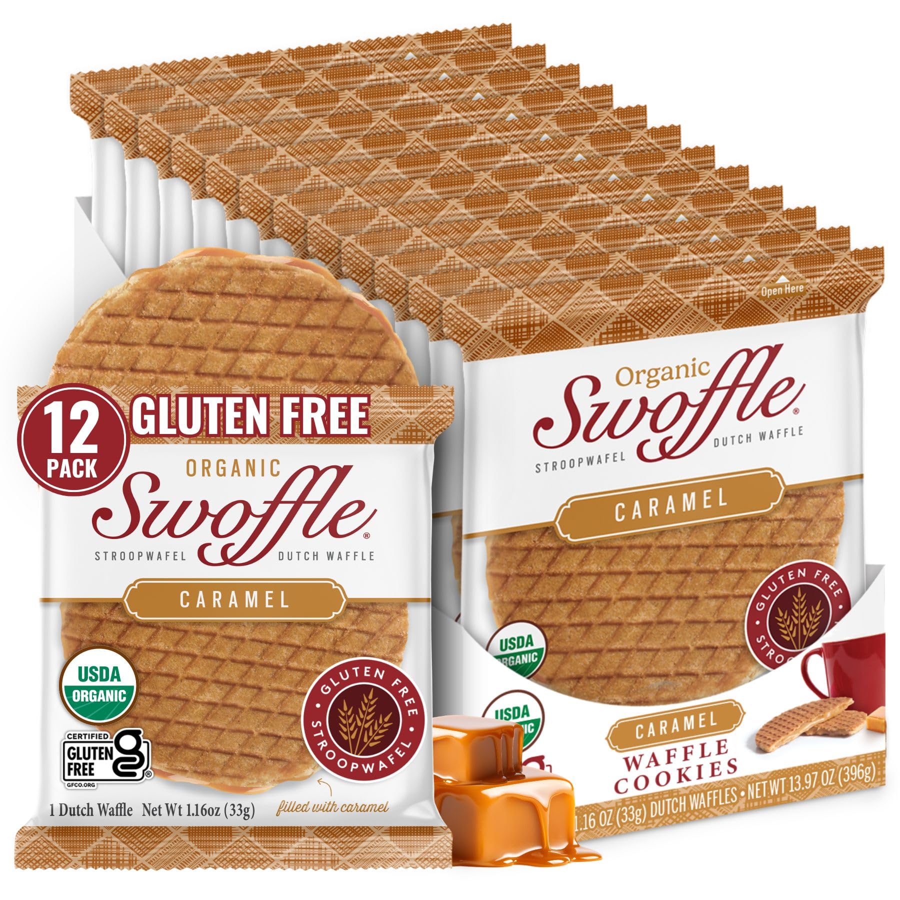 Swoffle Organic Gluten Free Caramel Waffle Cookies, Case of 12, 1.16 Ounce