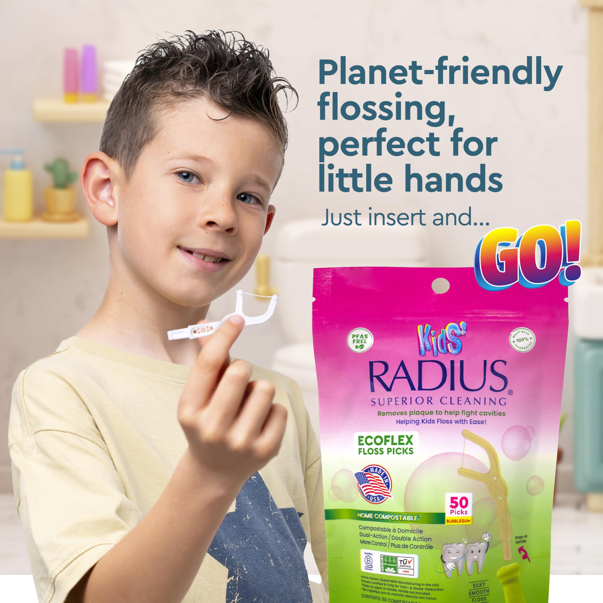 RADIUS Bubblegum EcoFlex Kids Floss Picks, 50 Count