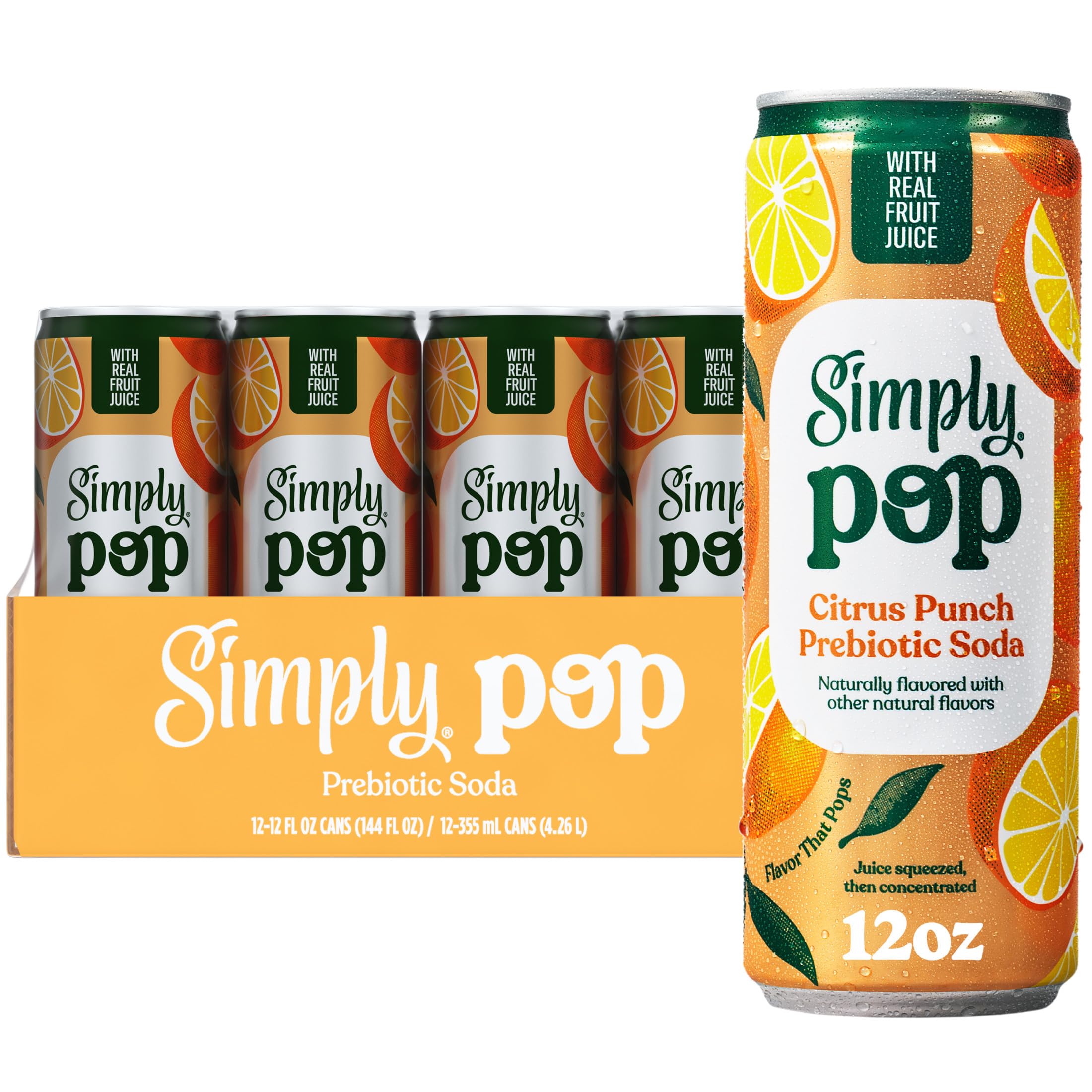 Simply Pop Citrus Punch Prebiotic Soda, Case of 12, 12 Fl Oz Cans
