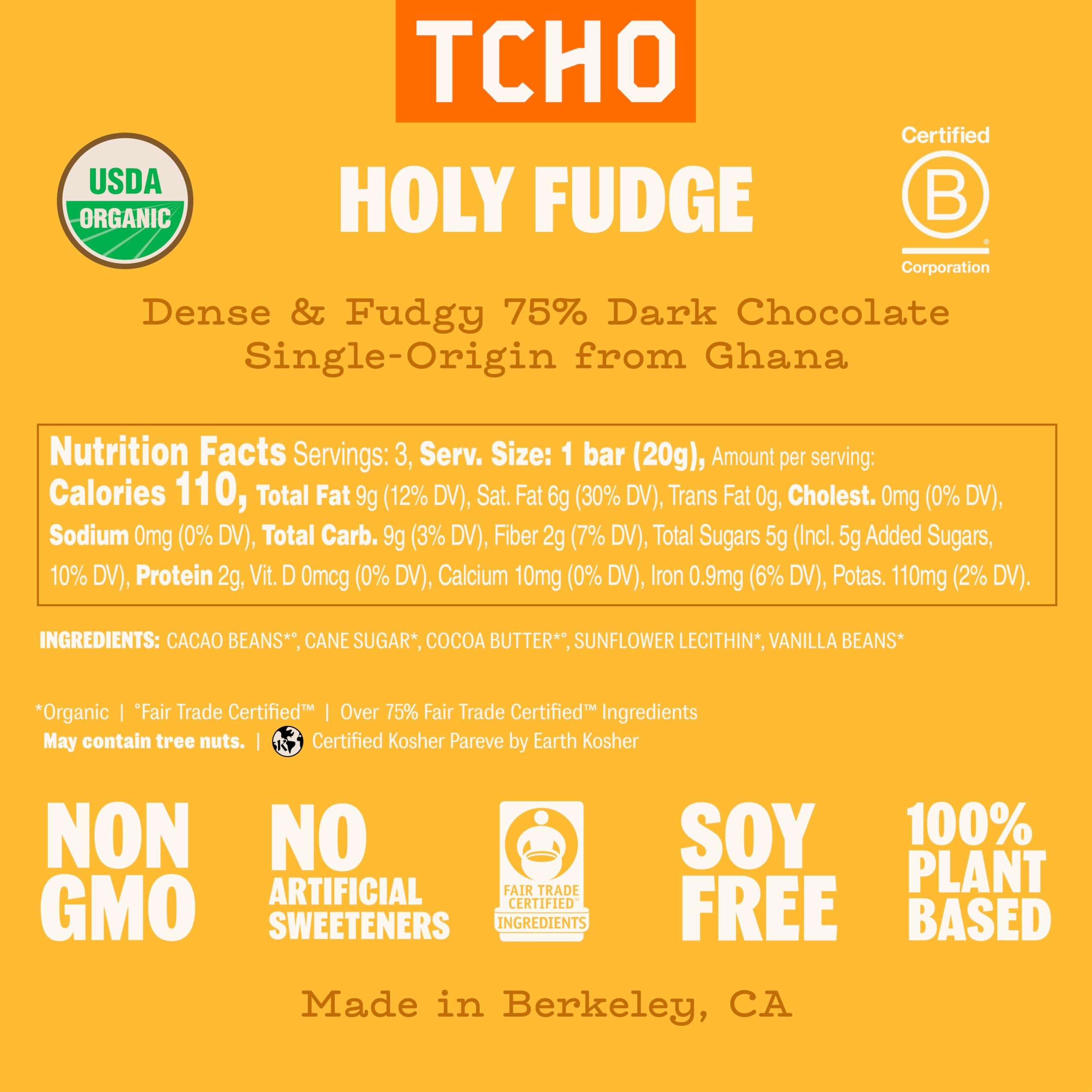TCHO Organic Holy Fudge Chocolate Bar, 2.1 Ounce Bars, Case of 10